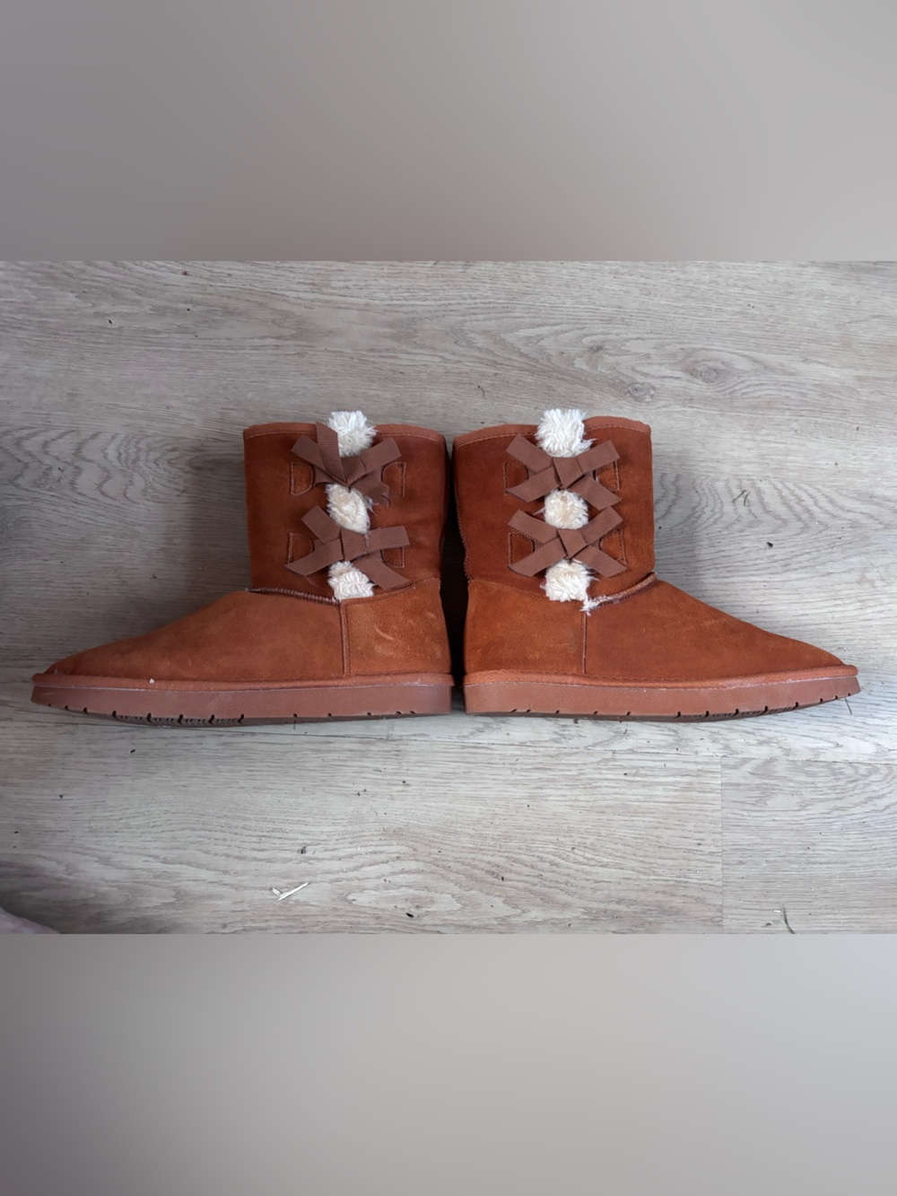 Women's Chestnut Suede Winter Boot with Faux Fur Trim.